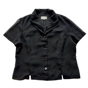 Women's Black Button Up Shirt sz 16-Short Sleeve, Cropped, Princess Seams, Crepe